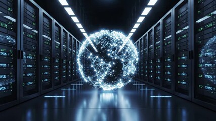 Glowing digital globe hologram with network connections floats in datacenter corridor between server racks. Global connectivity, cloud computing infrastructure, internet technology, data transmission - Powered by Adobe