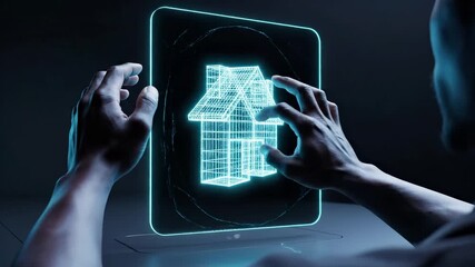 Hands interact with holographic building model on transparent digital screen. Architecture visualization, real estate technology, virtual property design, construction planning, smart home innovation - Powered by Adobe