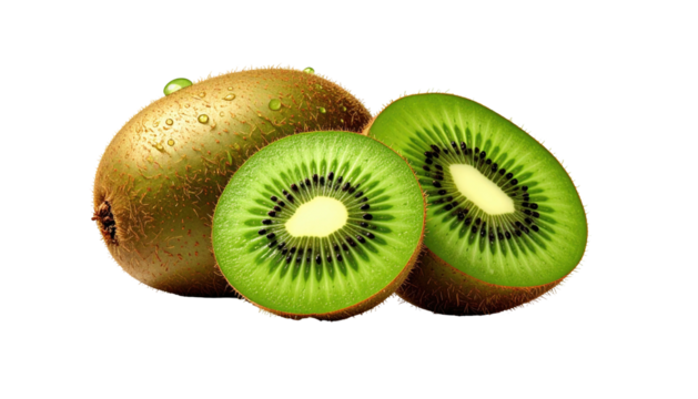 Close-up of two sliced kiwis with one whole kiwi, all with green flesh and black seeds, against a black background