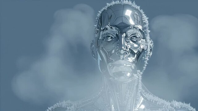 Chrome humanoid exhaling vapor &mdash; concept: cryotechnology, cold science