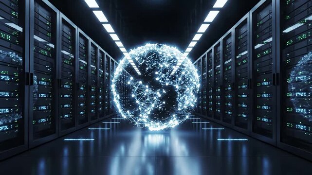 Glowing digital globe hologram with network connections floats in datacenter corridor between server racks. Global connectivity, cloud computing infrastructure, internet technology, data transmission - Powered by Adobe