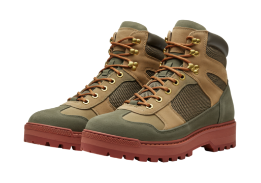 Isolated hiking boots in olive and tan color combination ready for outdoor adventures