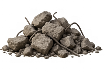 Concrete rubble pile with rebar, debris from building demolition or construction, transparent background