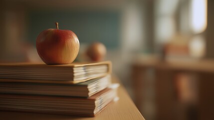 Apple on Stack of Books in Classroom
