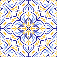 Mediterranean seamless pattern. Tile in blue yellow colors and white background. Mosaic design. Sicilian, Portuguese, Italian, Spanish motifs. Floral ornament. Print for ceramic, textile. Vector