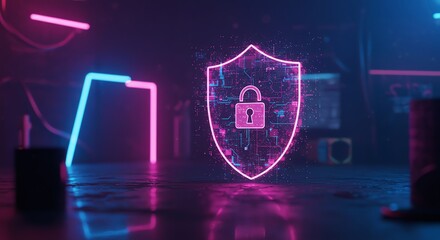 Digital shield lock icon with neon lighting
