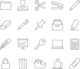 Modern collection of editable line icons representing office supplies and stationery items for professional use