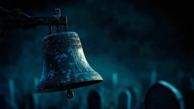 Mysterious antique church bell stands in foggy cemetery at night among ancient stone tombs