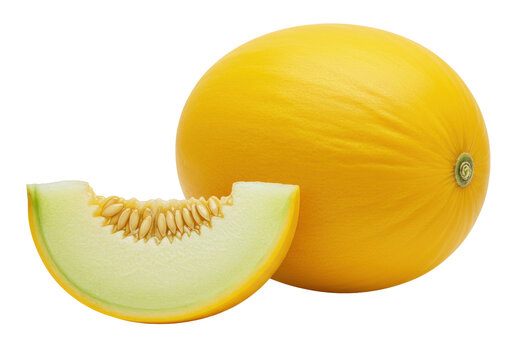 Isolated melon on a plain surface with a slice cut showing the seeds, a refreshing snack