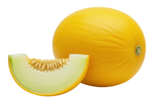 Isolated melon on a plain surface with a slice cut showing the seeds, a refreshing snack