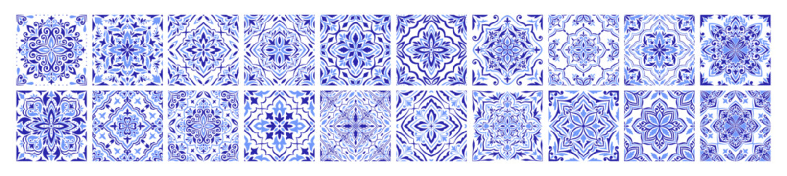Mediterranean ceramic tile set, border. Blue seamless patterns, no background. Spanish, Sicilian, Portuguese, Italian traditional ornaments. Floral ethnic motifs, mosaic square designs. Vector