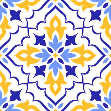 Mediterranean blue yellow seamless pattern on white background. Traditional Portuguese, Moroccan, Sicilian, or Spanish motifs. Geometric mosaic. Floral ornament tile. Vector illustration