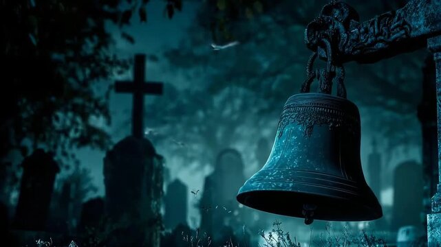 Mysterious antique church bell stands in foggy cemetery at night among ancient stone tombs