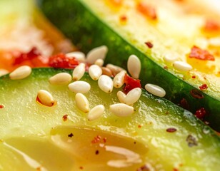 A detailed macro shot of a healthy green salad with creamy avocado and crisp cucumber, garnished with toasted sesame seeds and spicy chili for a fresh gourmet appetizer
