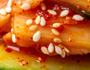 A detailed macro shot captures the intricate textures of spicy fermented kimchi, generously topped with tiny white sesame seeds for a traditional Korean dish