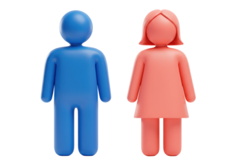 Isolated 3D-rendered figures of a man and woman in blue and coral, stylized minimal icons