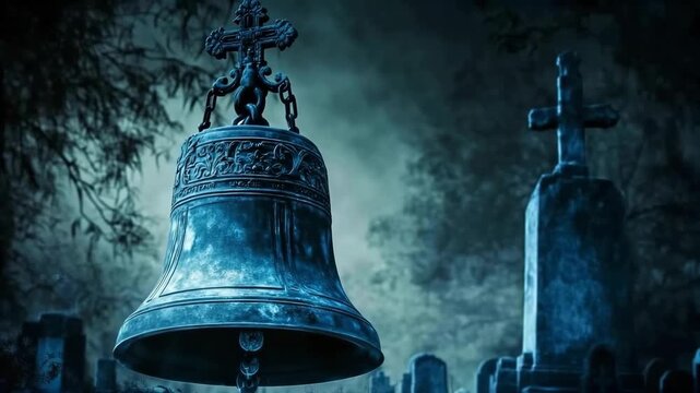 Mysterious antique church bell stands in foggy cemetery at night among ancient stone tombs