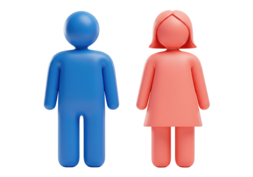 Isolated 3D-rendered figures of a man and woman in blue and coral, stylized minimal icons