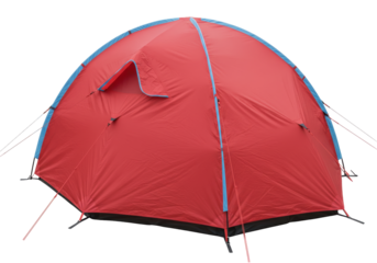 Isolated red dome tent for camping outdoors, portable weather shelter for recreation