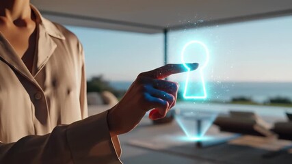 Businesswoman touches glowing keyhole hologram with finger. Digital security concept, cybersecurity access control, password authentication, data protection, encryption technology, privacy gateway - Powered by Adobe