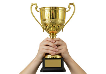 Isolated hands holding up a large, golden trophy cup, in a celebration or winning moment