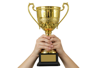 Isolated hands holding up a large, golden trophy cup, in a celebration or winning moment