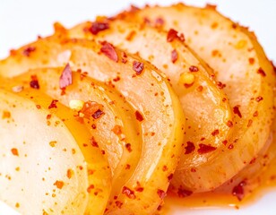 Korean Kimchi Food Delight A Close-Up View of Spicy and Tangy Sliced Radish, A Flavorful Culinary Experience