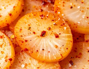 Spicy Daikon Radish Slices with Chili Flakes A Vibrant Appetizer with a Bold and Fiery Flavor Profile