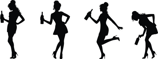 Women silhouettes illustration, stylish female posture, bottle holding figure, party lifestyle vector, fashion design art, celebration concept, nightlife drawing
