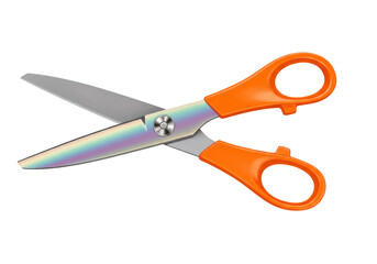 Isolated pair of orange handled scissors with iridescent blades for arts crafts supplies projects