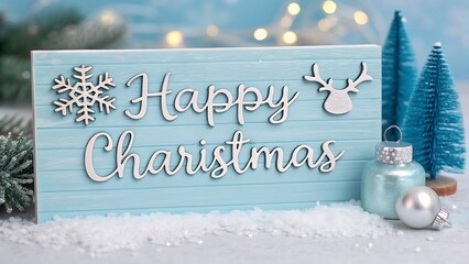 Happy christmas sign with festive decorations and snow background
