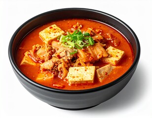 Kimchi Stew with Tofu and Scallions A Spicy Korean Delight in a Black Bowl, Close-Up View