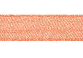 Isolated ribbon trim embellishment, fringed edge, light orange hue, woven textile stripe