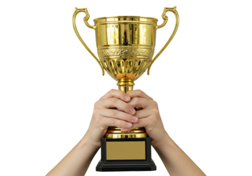 Isolated hands holding up a large, golden trophy cup, in a celebration or winning moment
