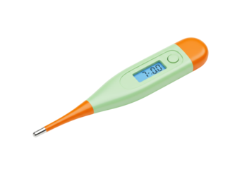 Isolated electronic thermometer shows reading as health check, test temperature, close up