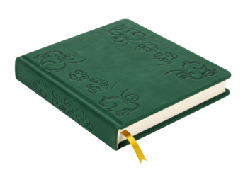 Isolated green book with floral design, blank pages and ribbon, stationary essential