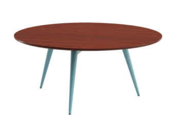 Isolated brown round coffee table with blue legs against a bright studio shot backdrop