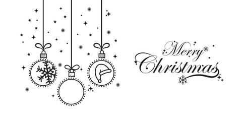 Merry Christmas hand lettering calligraphy isolated on white background. Merry Christmas hand lettering calligraphy with hanging Christmas balls and ornaments. Merry Christmas script calligraphy.