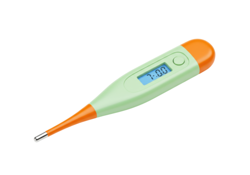 Isolated electronic thermometer shows reading as health check, test temperature, close up