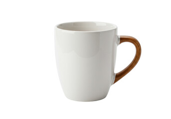 Isolated mug for hot drinks with natural wooden handle on a neutral surface, side view