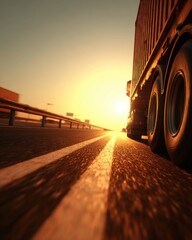 Truck driving on highway at sunset low angle shot transportation cargo logistics supply chain business