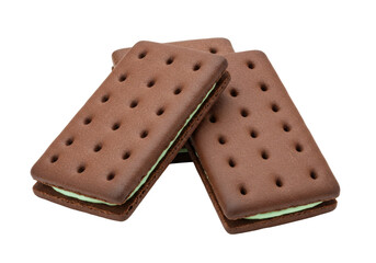 Isolated chocolate wafer cookies with mint cream filling, a sweet, tasty treat snack dessert