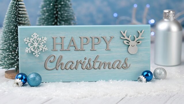 Happy christmas sign with festive decorations and snow background
