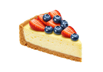 Isolated cheesecake slice with strawberries and blueberries topping, delicious dessert