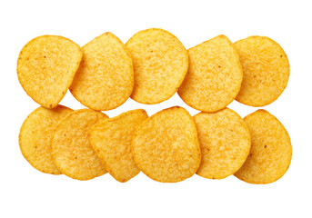 Isolated crispy potato chips snack, ready to eat, savory flavor, golden color, crunchy chips