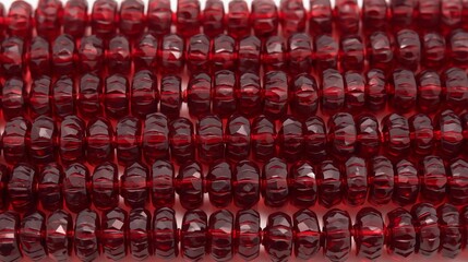 Fototapeta premium A high quality professional stock photo featuring a string of dark red, ribbed beads. The beads are uniform in size, exhibiting a translucent, deep reddish-brown or burgundy color.