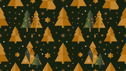 Elegant modern Christmas background with golden and green winter trees, snowflakes, dots. Festive holiday season design, luxury wallpaper, seamless pattern for celebration.