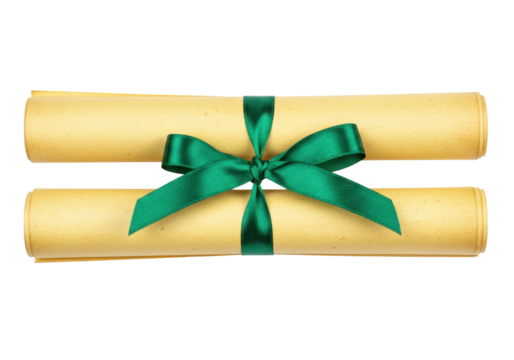 Isolated Pair of Rolled Diplomas Tied with Green Ribbon Graduation Gift Certificate