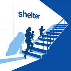 Vector drawing of silhouettes of a family running away to a safe place from danger in a shelter. Silhouette of an adult woman with a baby and a child