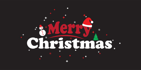 Merry Christmas Typography Greeting with Santa Hat and Snowflake on Black Background. Creative Merry Christmas Calligraphy Text with Snow and Santa Elements. Merry Christmas Lettering Design.